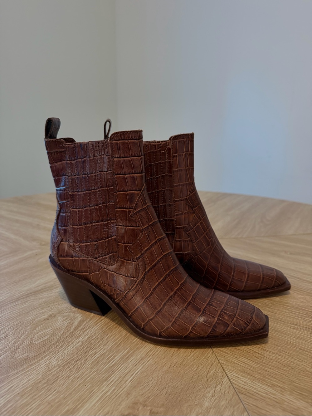 Dolce Vita Brown Croc Embossed Ankle Boots Pointed Toe Block Heel